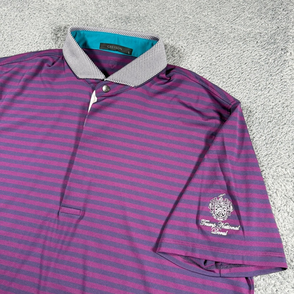 Greyson Polo Shirt Mens Large Purple Striped Trump National Doral Golf Performan